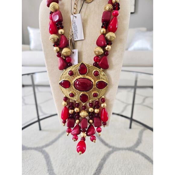 Chicos 35 Year Anniversery Boho Bold Necklace Gold Red New - Picture 4 of 5